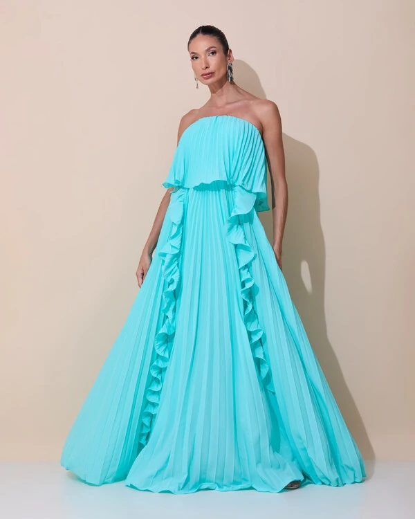 Vestido de Festa Longo Crepe Chiffon Tomara que Caia Plissado com Babado Cascata Tiffany