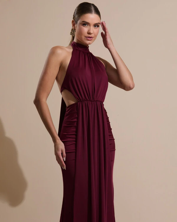 Vestido de Festa Longo Malha Jersey Gola Alta Saia Sereia Marsala