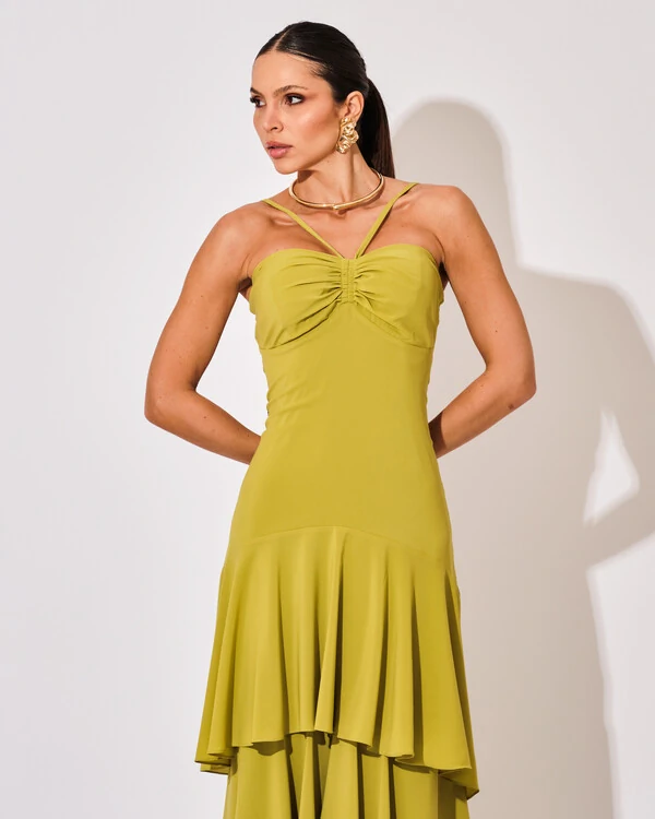 Vestido Longo Crepe com Babado em Camadas Verde Pistache