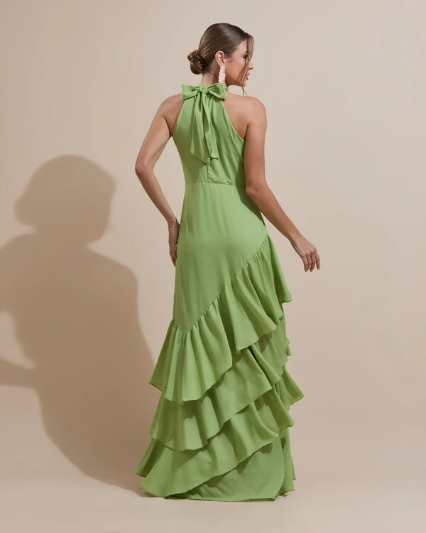 Vestido de Festa Longo Chiffon Crepe Gola Alta Babados Verde Garden