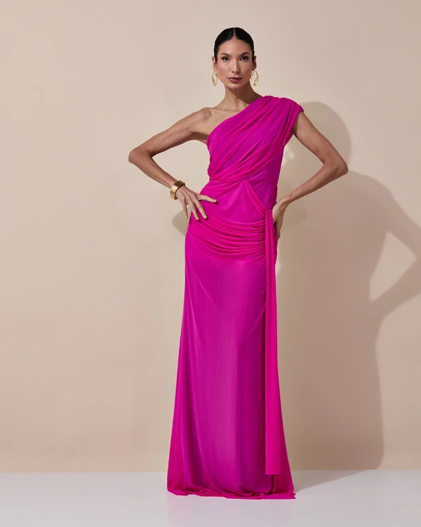 Vestido de Festa Longo Um Ombro Só Tule Drapeado Faixa Pink New