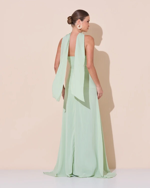 Vestido de Festa Longo Decote Coração Crepe Chiffon Drapeado Plissado Lenço Verde Menta New
