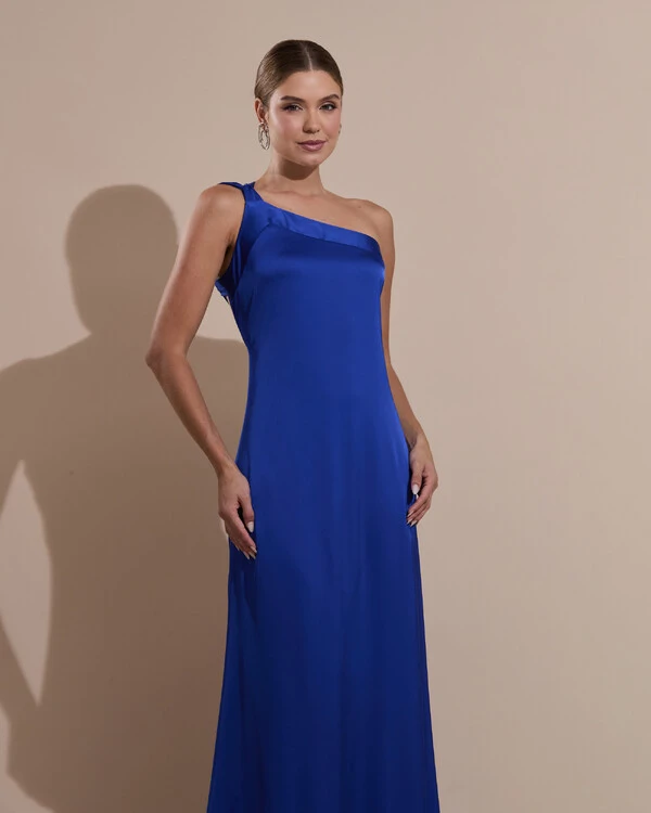 Vestido de Festa Longo Cetim Fluido Um Ombro Só Amarração Costas Azul Royal