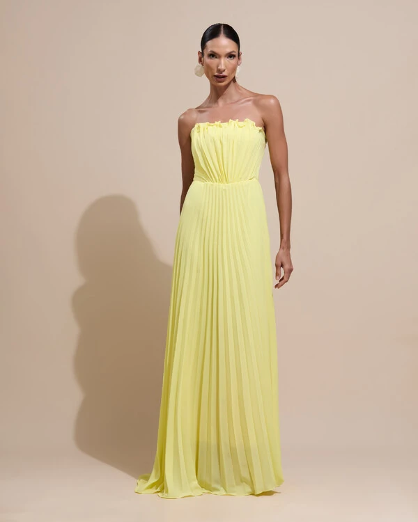 Vestido de Festa Longo Tomara que Caia Plissado Detalhe Amarelo Manteiga