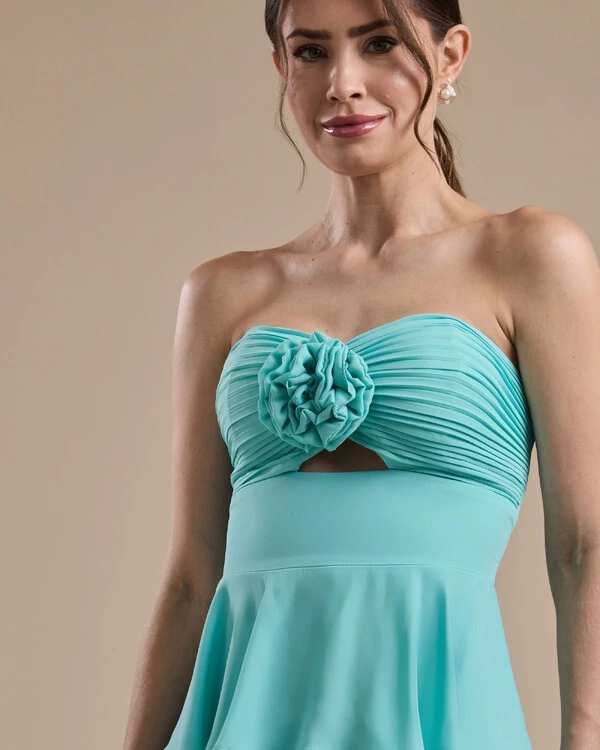 Vestido Longo Crepe Chiffon Tomara que Caia Plissado em Camadas Tiffany