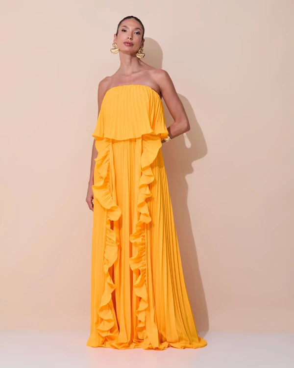 Vestido de Festa Longo Crepe Chiffon Tomara que Caia Plissado com Babado Cascata Laranja Manga New