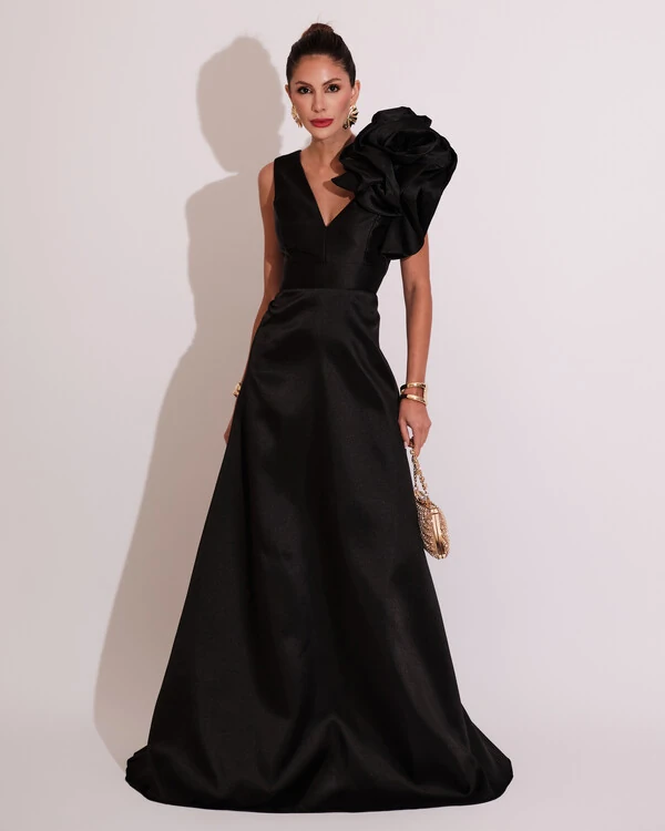 Vestido de Festa longo Zibeline Flor Preto