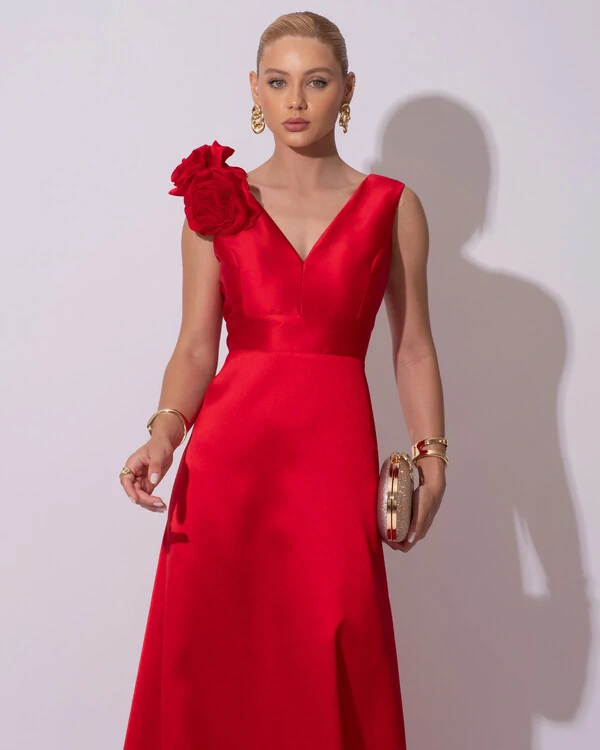 Vestido de Festa longo Zibeline Decote em V com Flores Removivel Vermelho