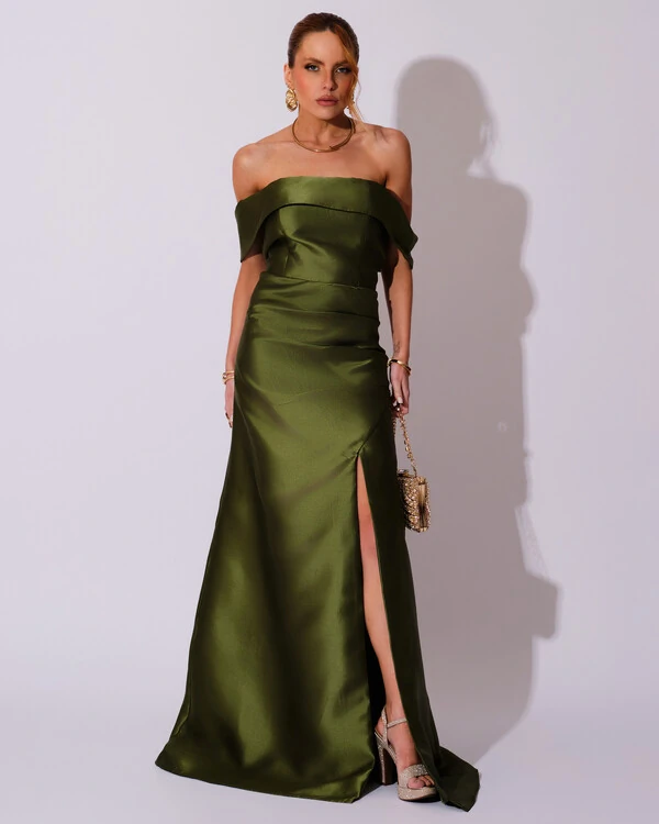 Vestido de Festa Longo Zibeline Ombro a Ombro Drapeado e Fenda Verde Oliva