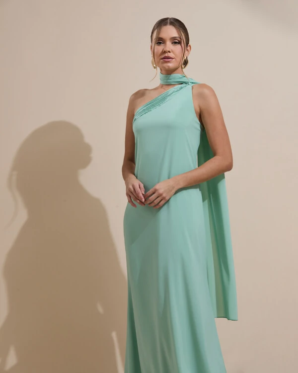 Vestido de Festa Longo Crepe Chiffon Um Ombro Só Drapeado Verde Menta