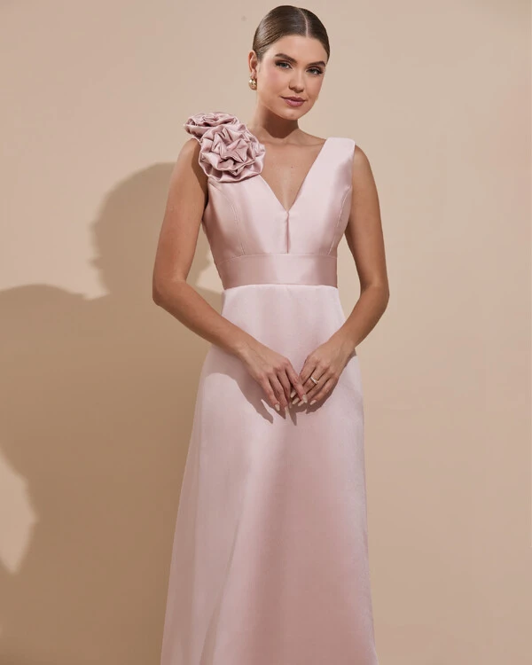 Vestido de Festa longo Zibeline Decote em V com Flores Removivel Rose Nude