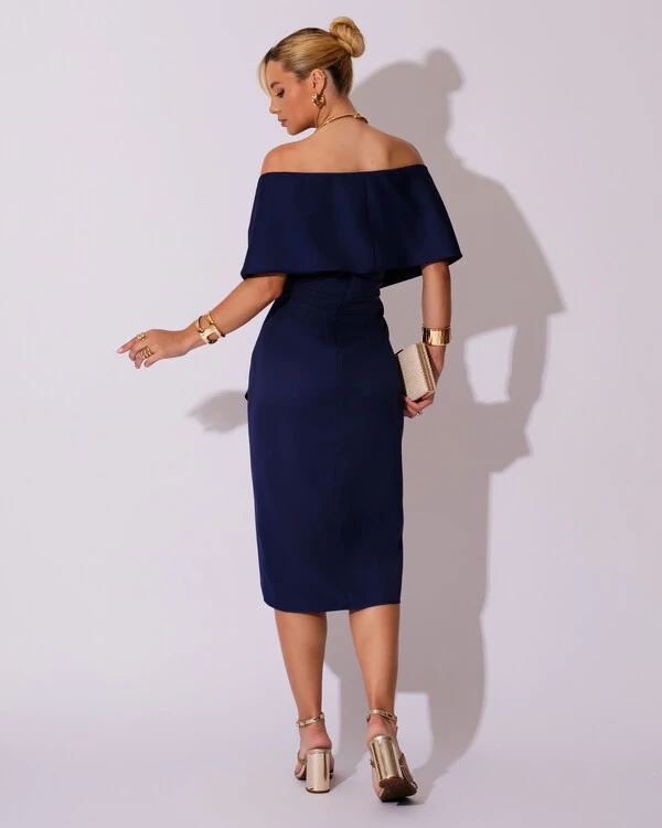 Vestido de Festa Midi Alfaiataria Azul Marinho