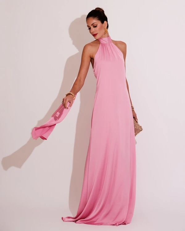 Vestido de Festa Gola Alta com Decote nas Costas Acetinado Rosa