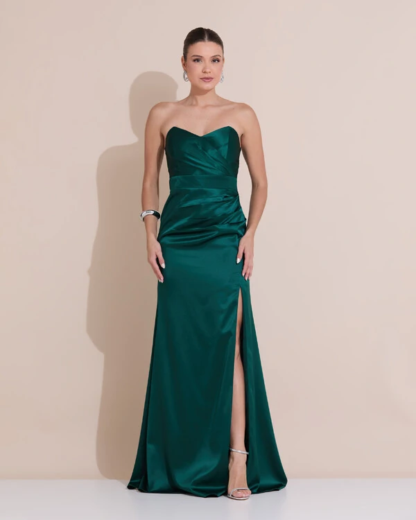 Vestido de Festa Longo Cetim Alfaiataria Tomara que Caia Fenda Verde Escuro