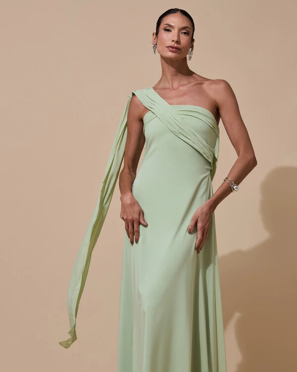 Vestido de Festa Longo Tomara que Caia Crepe Chiffon Lenço Drapeado Costas Trançada Verde Menta New