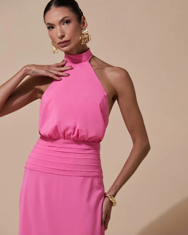 Vestido de Festa Longo Frente Única Busto Blousê Crepe Chiffon Drapeado Rosa