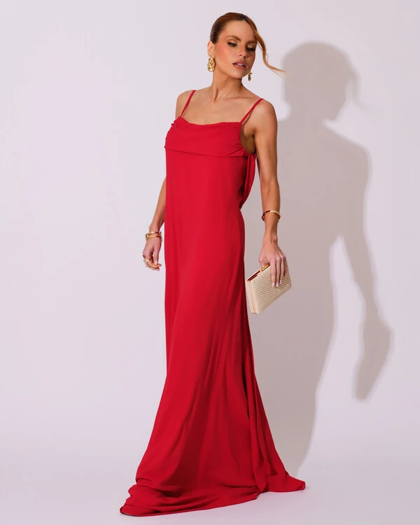 Vestido de Festa Longo Crepe Chiffon Costas Lenço Cauda Vermelho