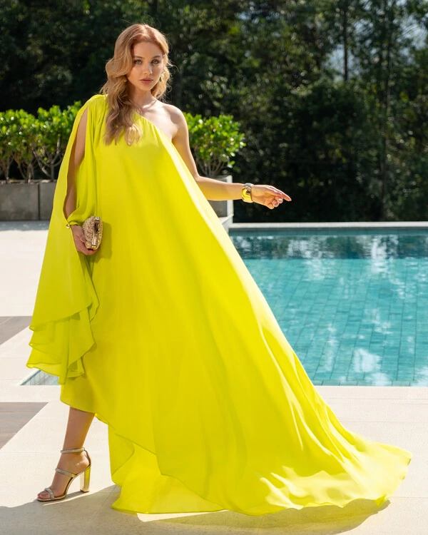 Vestido de Festa um Ombro com Capa Crepe Fluido Verde Lima
