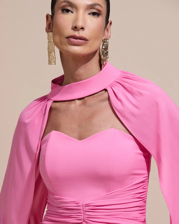 Vestido de Festa Longo Tomara Que Caia Crepe Chiffon Drapeado Capa Rosa