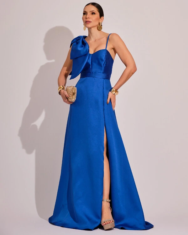 Vestido de Festa Longo em Zibeline com Laço Removível Azul Royal