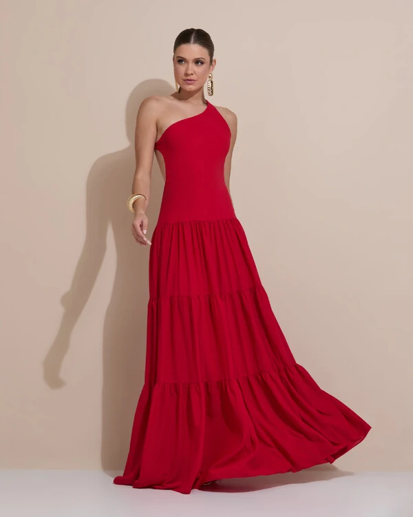 Vestido de Festa Longo Um ombro Só Crepe Chiffon Saia Fluida Vermelho