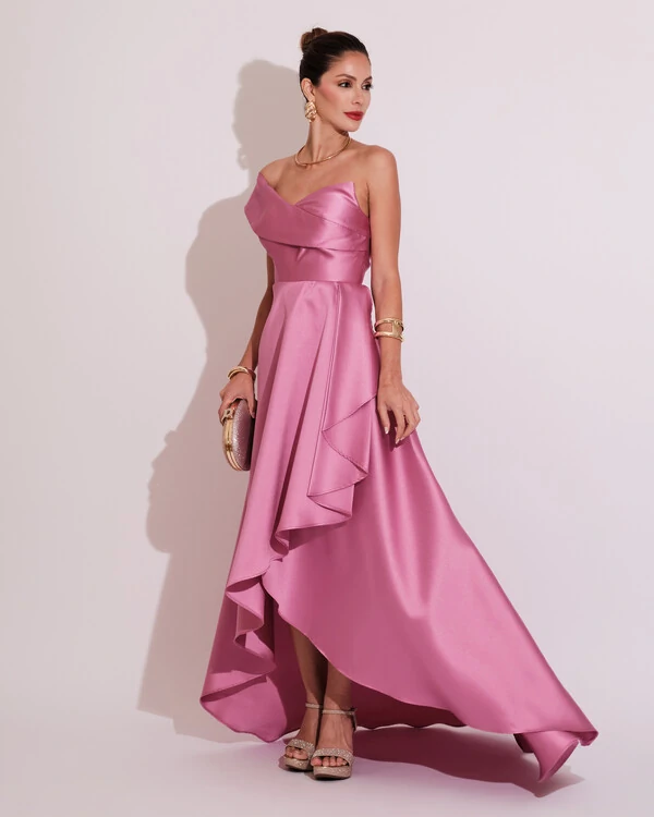 Vestido de Festa Longo Zibeline um Ombro Só Mullet Rosa