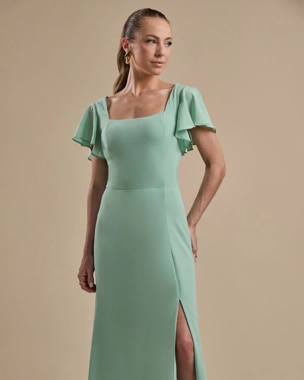 Vestido de Festa Longo Crepe Chiffon Manga Babado e Fenda Verde Menta
