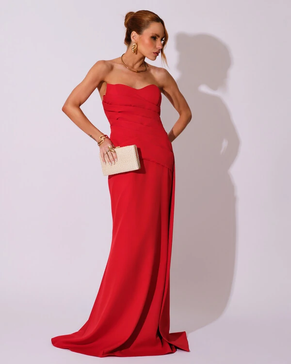 Vestido de Festa Longo Alfaiataria Tomara que Caia Drapeado Faixa Vermelho