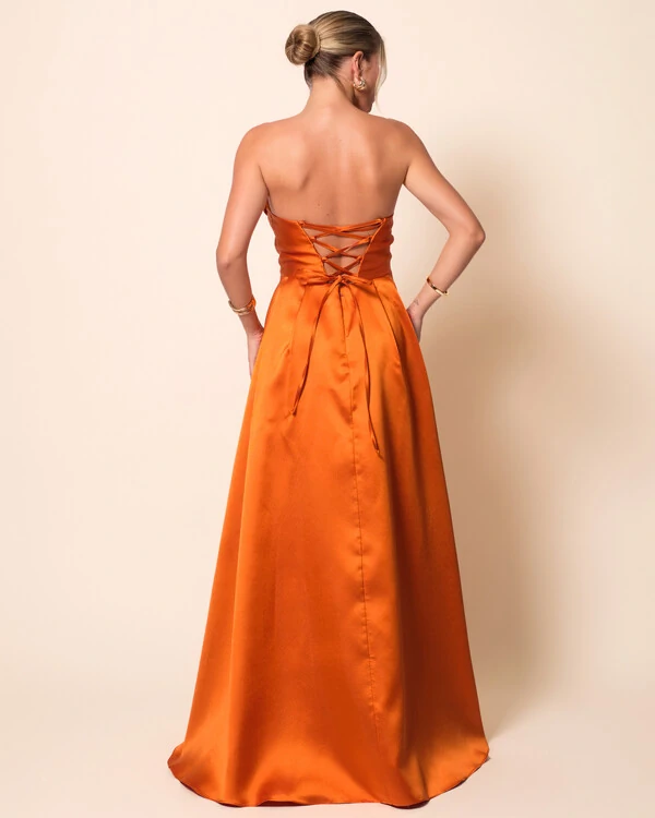 Vestido de Festa Longo Tomara que Caia Trançado Costa em Zibeline Terracota