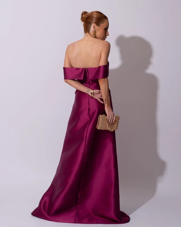 Vestido de Festa Longo Zibeline Ombro a Ombro Drapeado e Fenda Fúcsia