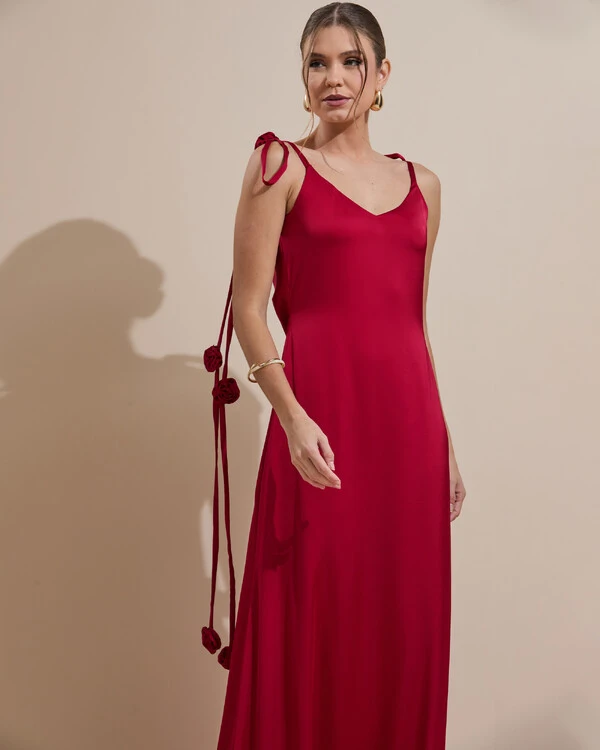 Vestido de Festa Longo Decote Degagê Costas Cetim Flores 3D Alças Marsala