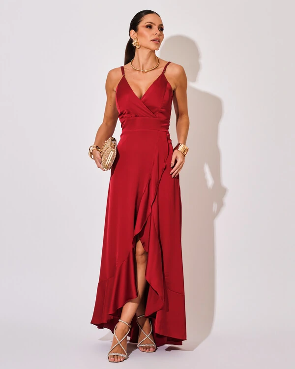 Vestido Midi Babado Acetinado Marsala