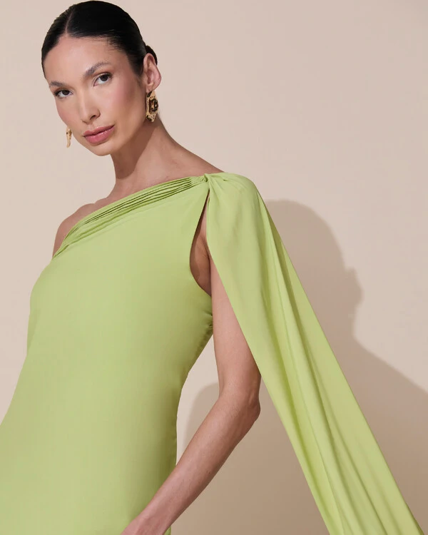 Vestido de Festa Longo Crepe Chiffon Um Ombro Só Drapeado Verde Claro