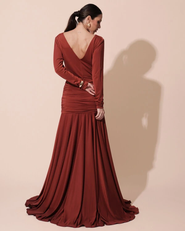 Vestido de Festa Longo Malha Degagê Drapeado Manga Longa Terracota