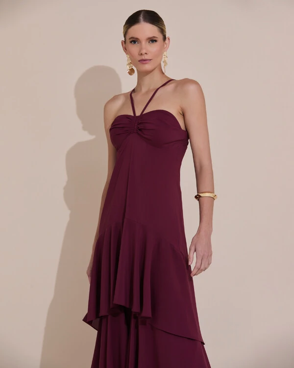 Vestido Longo Crepe com Babado em Camadas Marsala