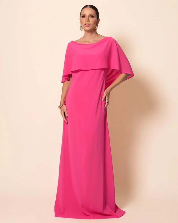 Vestido de Festa Longo Crepe Chiffon com Capa e Degagê nas Costas Pink New