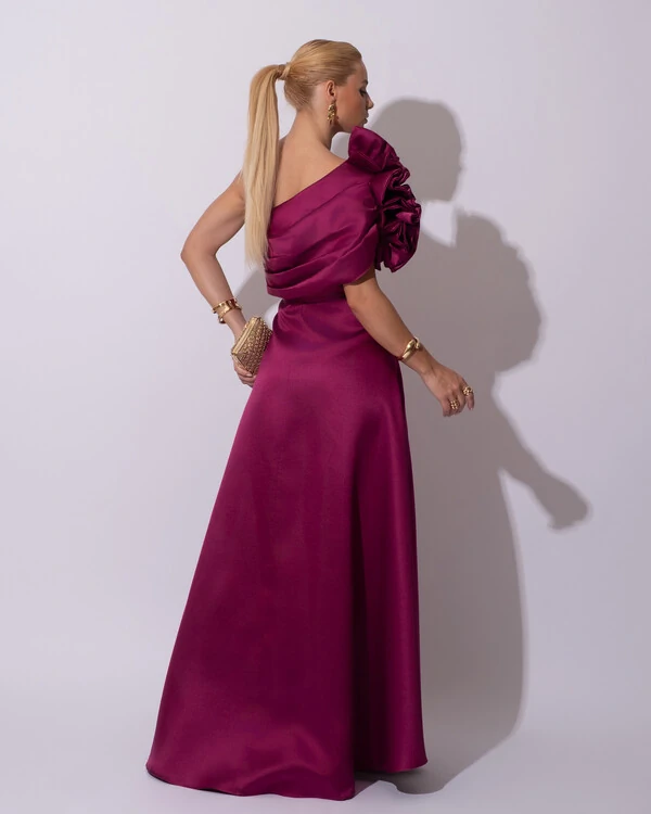 Vestido de Festa Longo Zibeline um Ombro Só Flor Drapeado Fúcsia