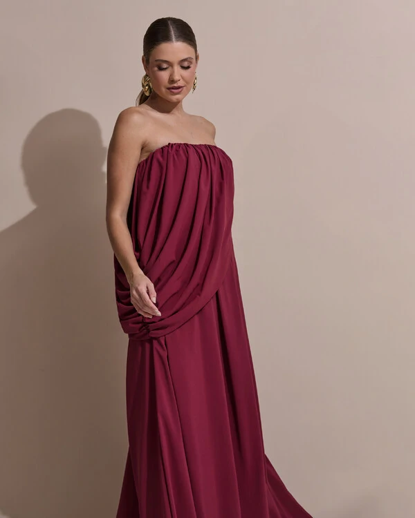 Vestido de Festa Longo Tomara Que Caia Crepe Chiffon Drapeado Marsala New