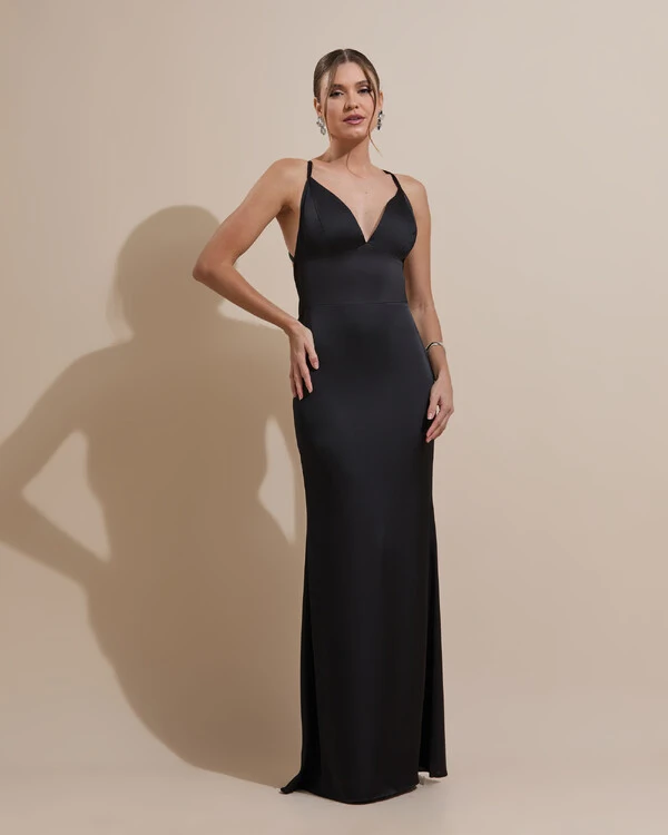Vestido de Festa Longo Costas Abertas Laço Cetim Decote V Preto