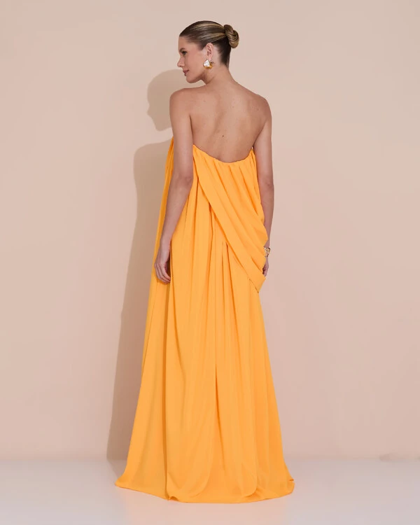 Vestido de Festa Longo Tomara Que Caia Crepe Chiffon Drapeado Laranja Manga New