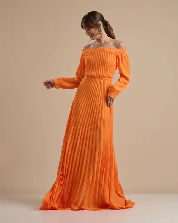 Vestido de Festa Longo Crepe Chiffon Plissado Ombro a Ombro Laranja