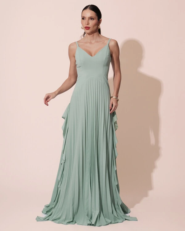 Vestido de Festa Longo Crepe Chiffon Alça Fina Saia Plissada com Babado Cascata Verde Menta