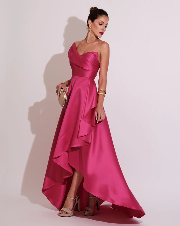 Vestido de Festa Longo Zibeline um Ombro Só Mullet Pink