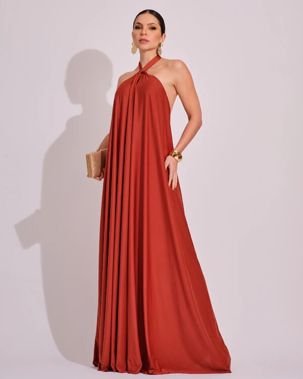 Vestido Longo com Amarração em Malha Terracota