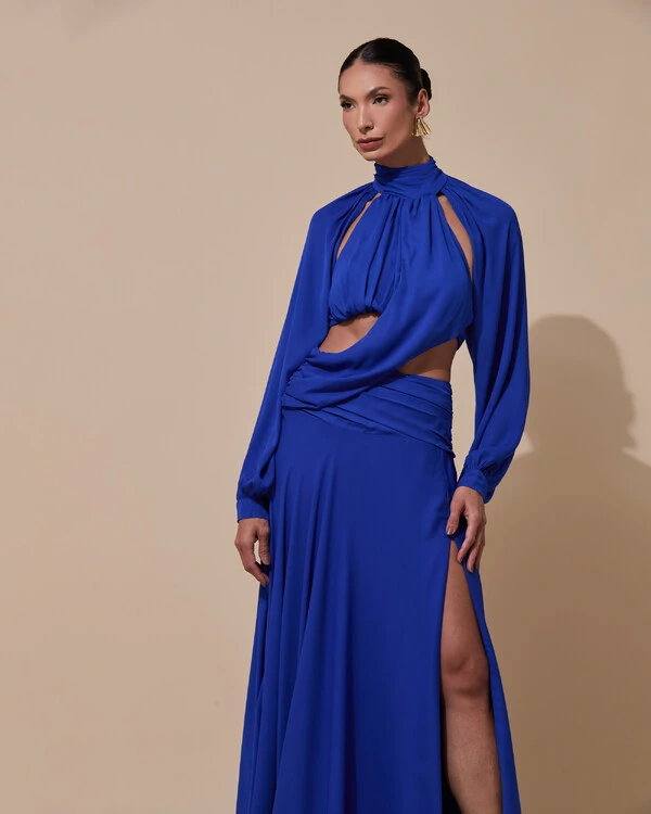 Vestido de Festa Longo Gola Alta Crepe Chiffon Recortes Drapeado Manga Longa Fenda Azul Royal