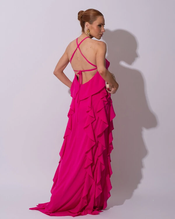 Vestido de Festa Longo Crepe Chiffon Frente Única Babados Cascata e Flor Pink