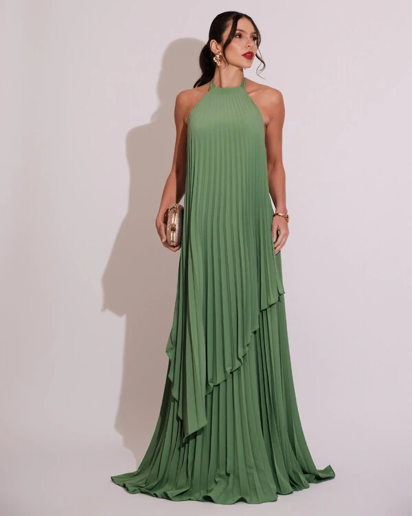 Vestidos de Festa Longo Chiffon Fluido Frente Única Plissado Duplo Verde Matcha