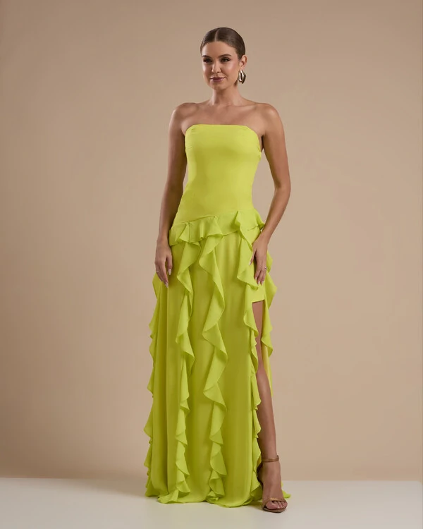 Vestido de festa Longo Tomara que Caia Crepe Chiffon com Bababos Cascata e Fenda Verde Lima