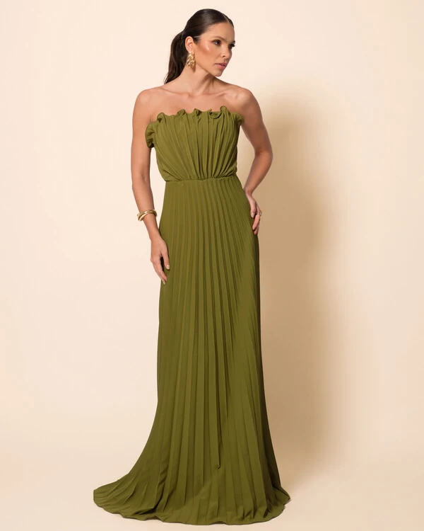Vestido de Festa Longo Tomara que Caia Plissado Detalhe Verde Oliva New