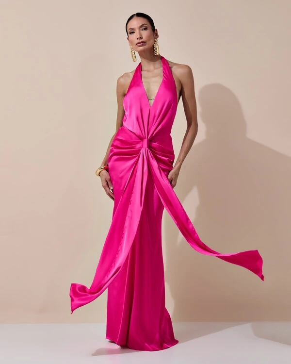 Vestido de Festa Longo Frente Única Decote V Cetim Drapeado Faixa Pink